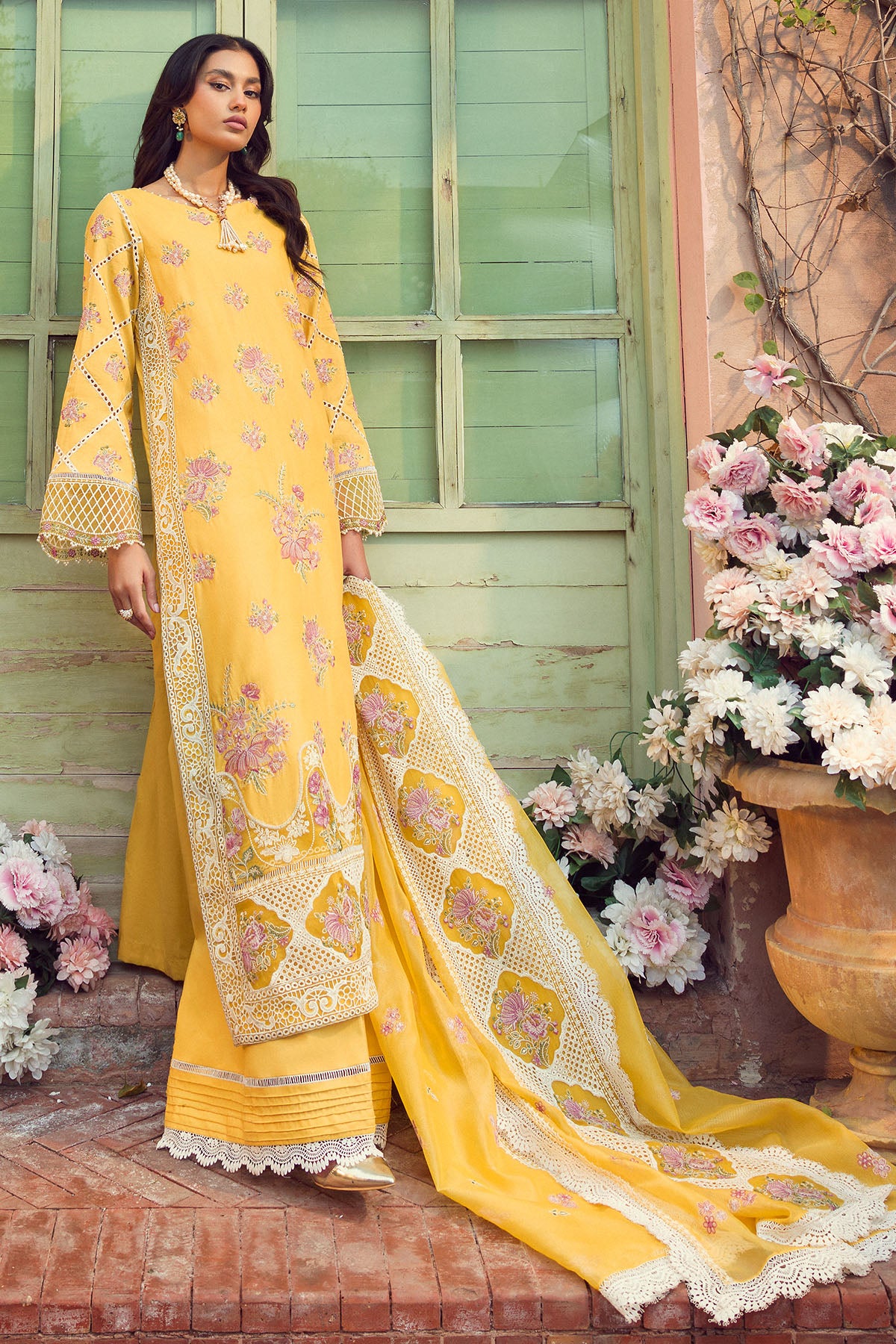Pakistani Yellow Embroidered Lawn 3-Piece Suit - Image 4
