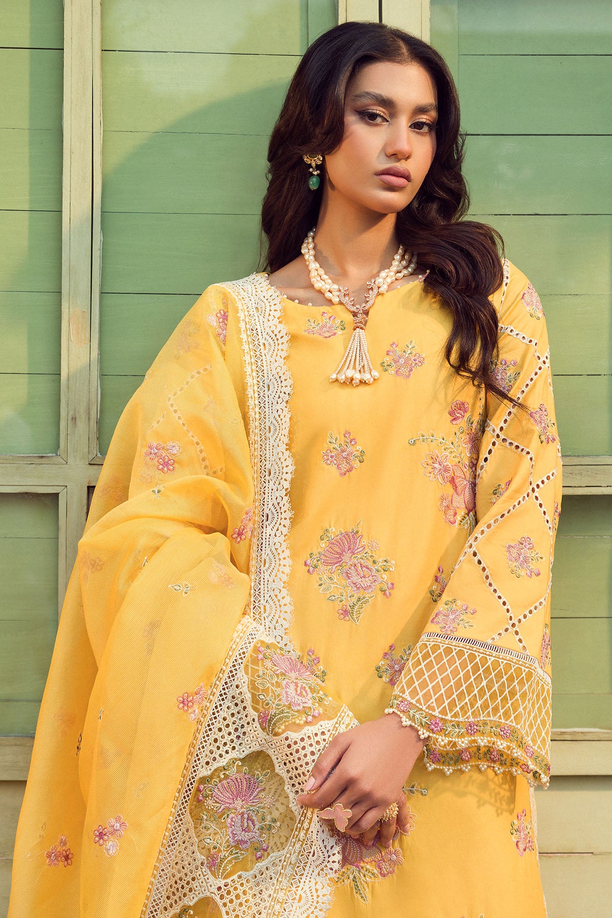 Pakistani Yellow Embroidered Lawn 3-Piece Suit - Image 6
