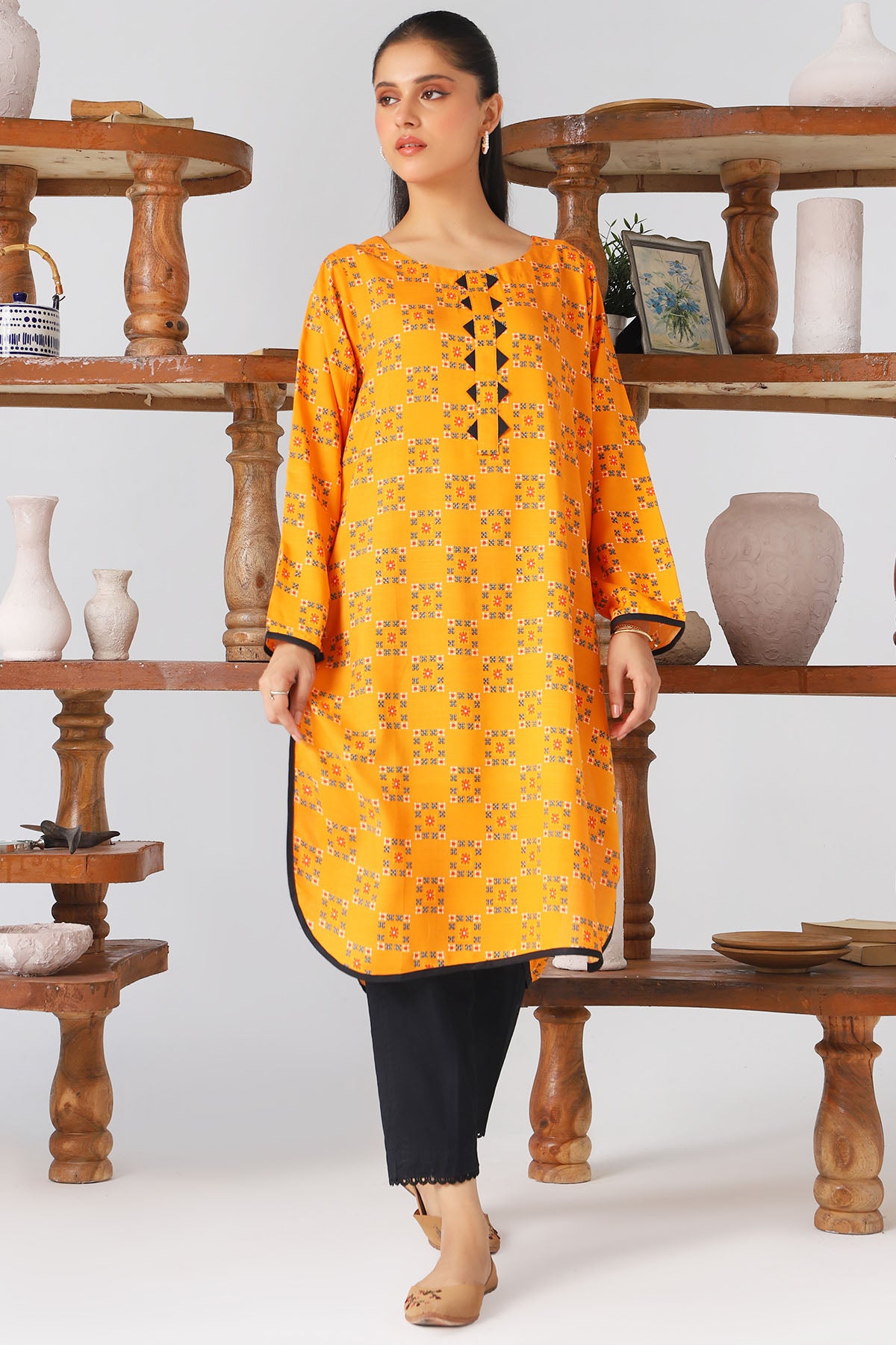 Mustard Digital Printed Slub Linen Shirt (1-Pc) - Image 1