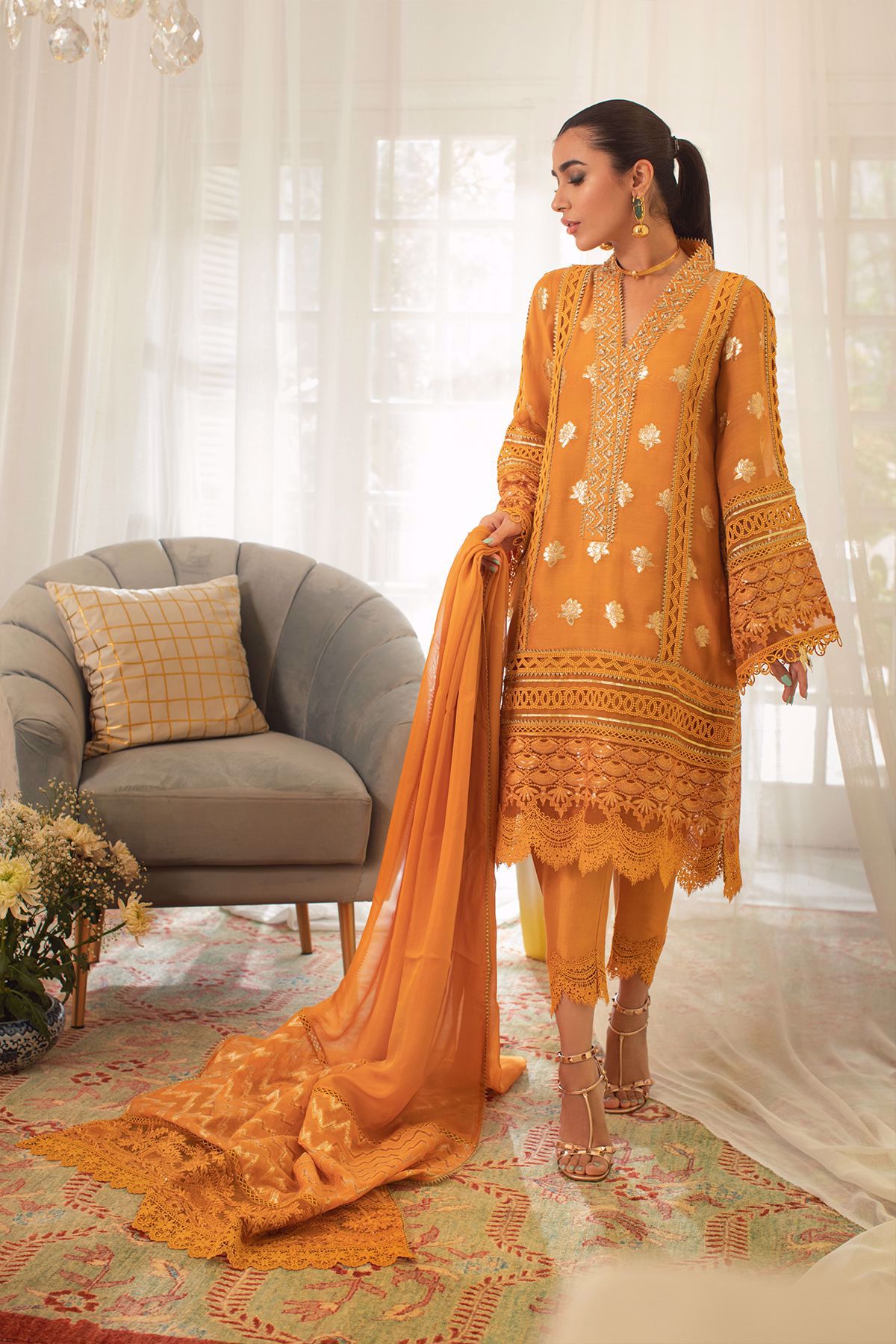 Marigold Nakshi Embroidered Pure Lorex Salwar Kameez (3-Piece) - Image 1