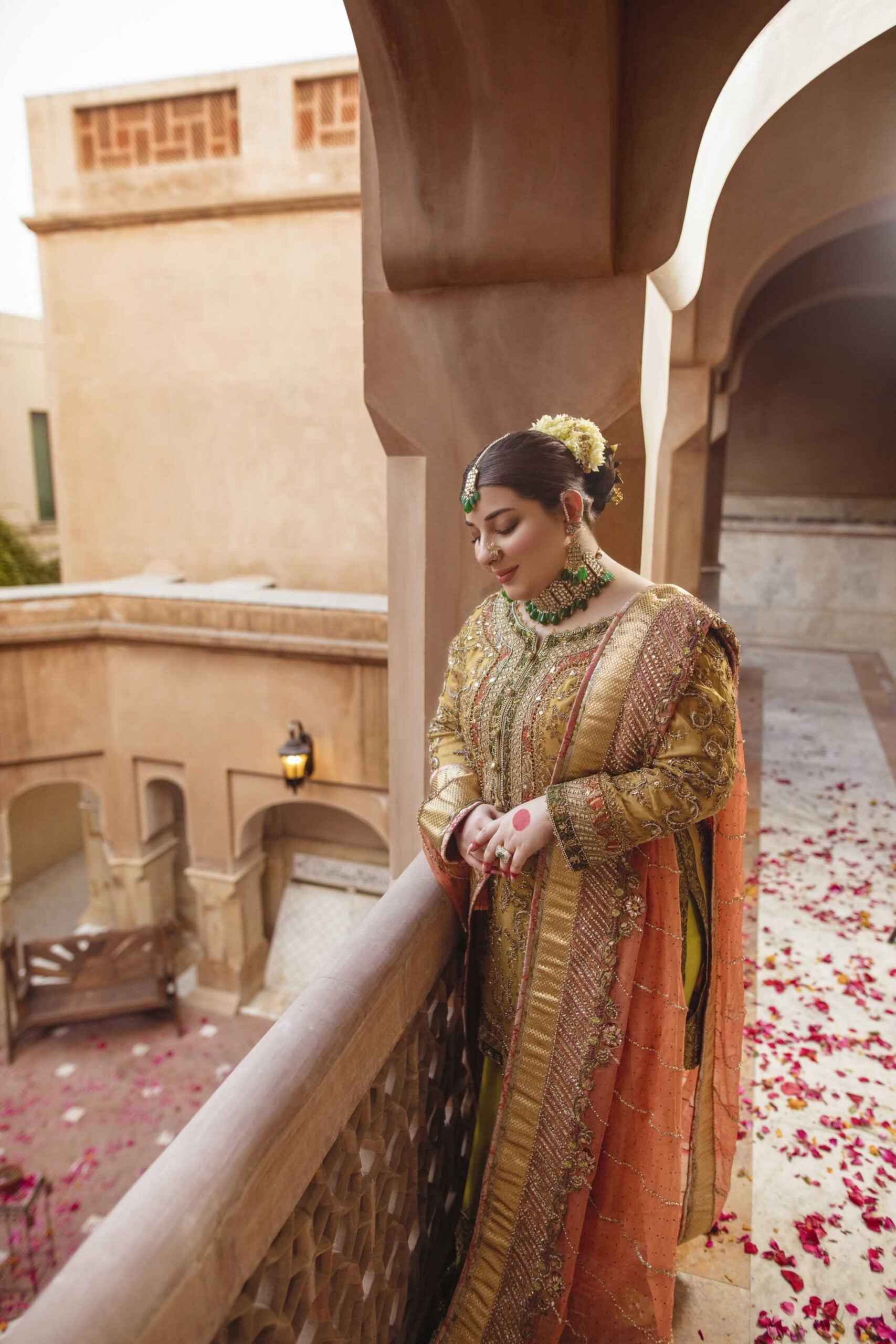 Mustard & Apple Green Embroidered Masuri Zari Salwar Kameez (3-Piece) - Image 2