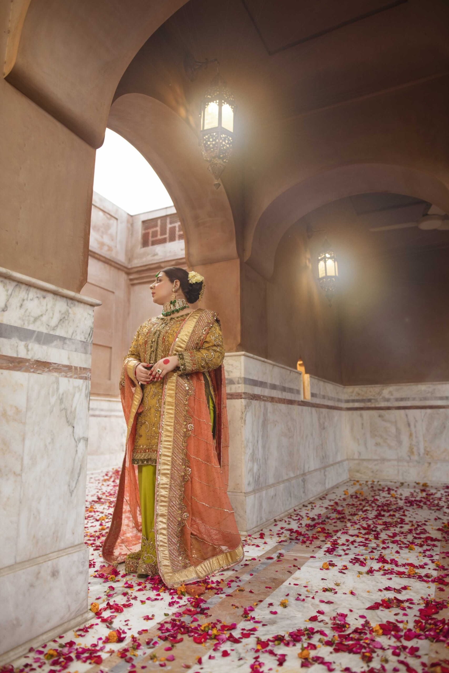 Mustard & Apple Green Embroidered Masuri Zari Salwar Kameez (3-Piece) - Image 3