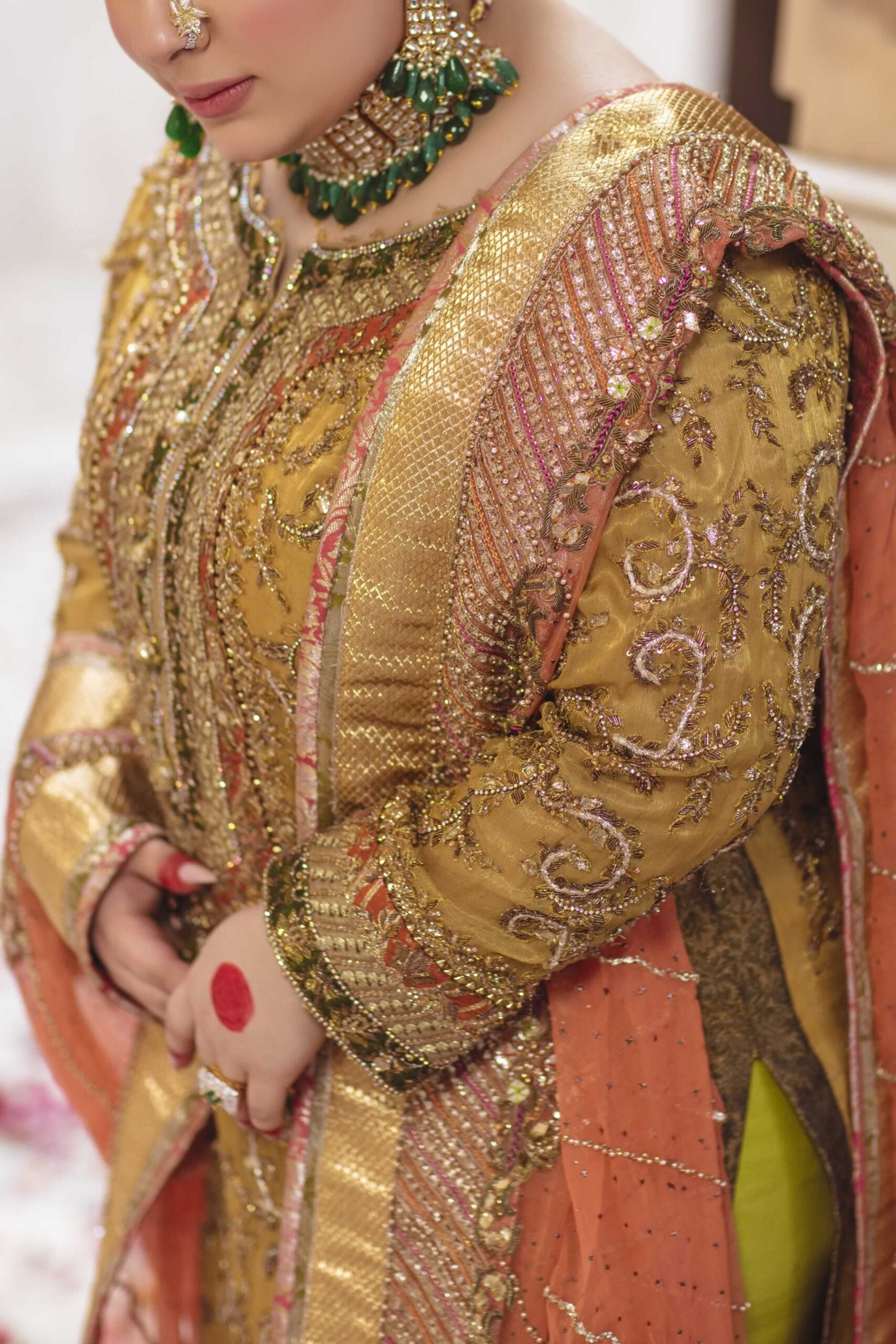 Mustard & Apple Green Embroidered Masuri Zari Salwar Kameez (3-Piece) - Image 4