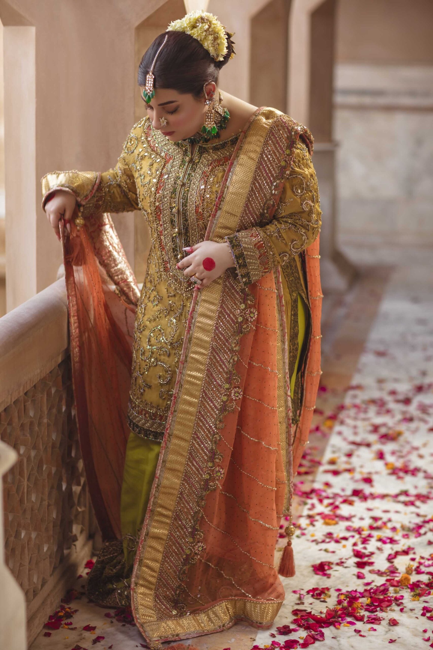 Mustard & Apple Green Embroidered Masuri Zari Salwar Kameez (3-Piece) - Image 6