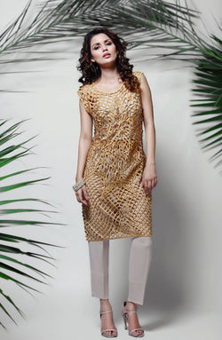 Yellow-Gold Cutwork Net Salwar Kameez (3-Piece) - Image 1