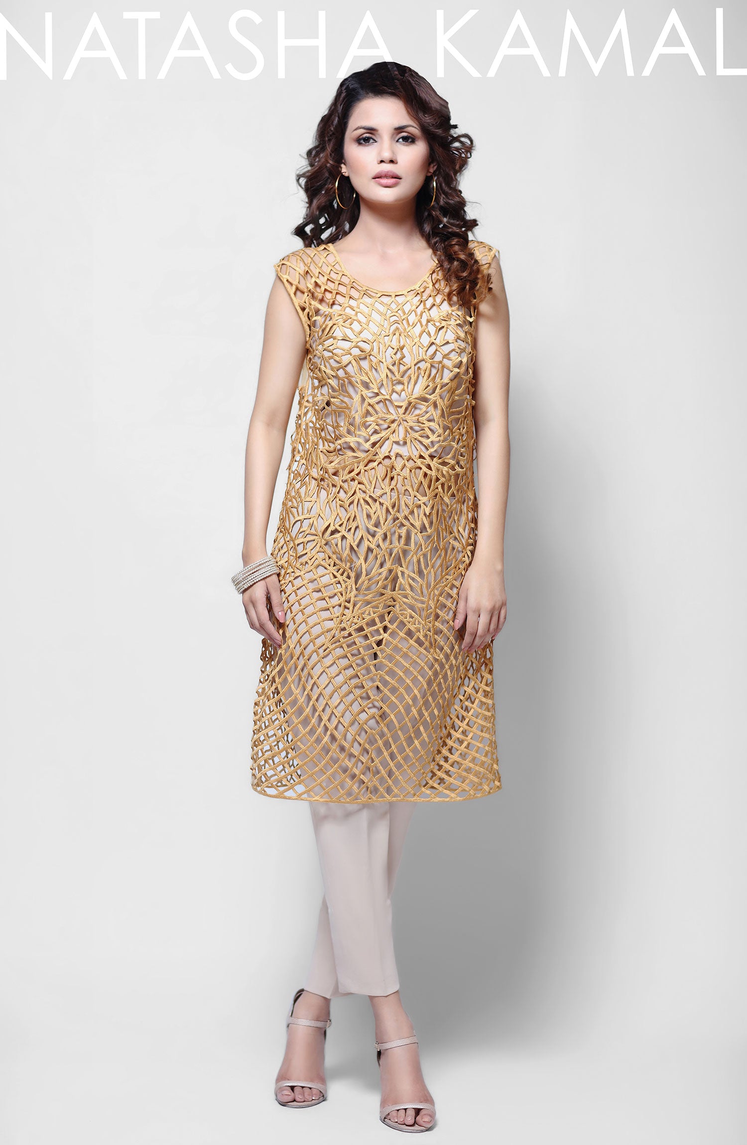 Yellow-Gold Cutwork Net Salwar Kameez (3-Piece) - Image 5