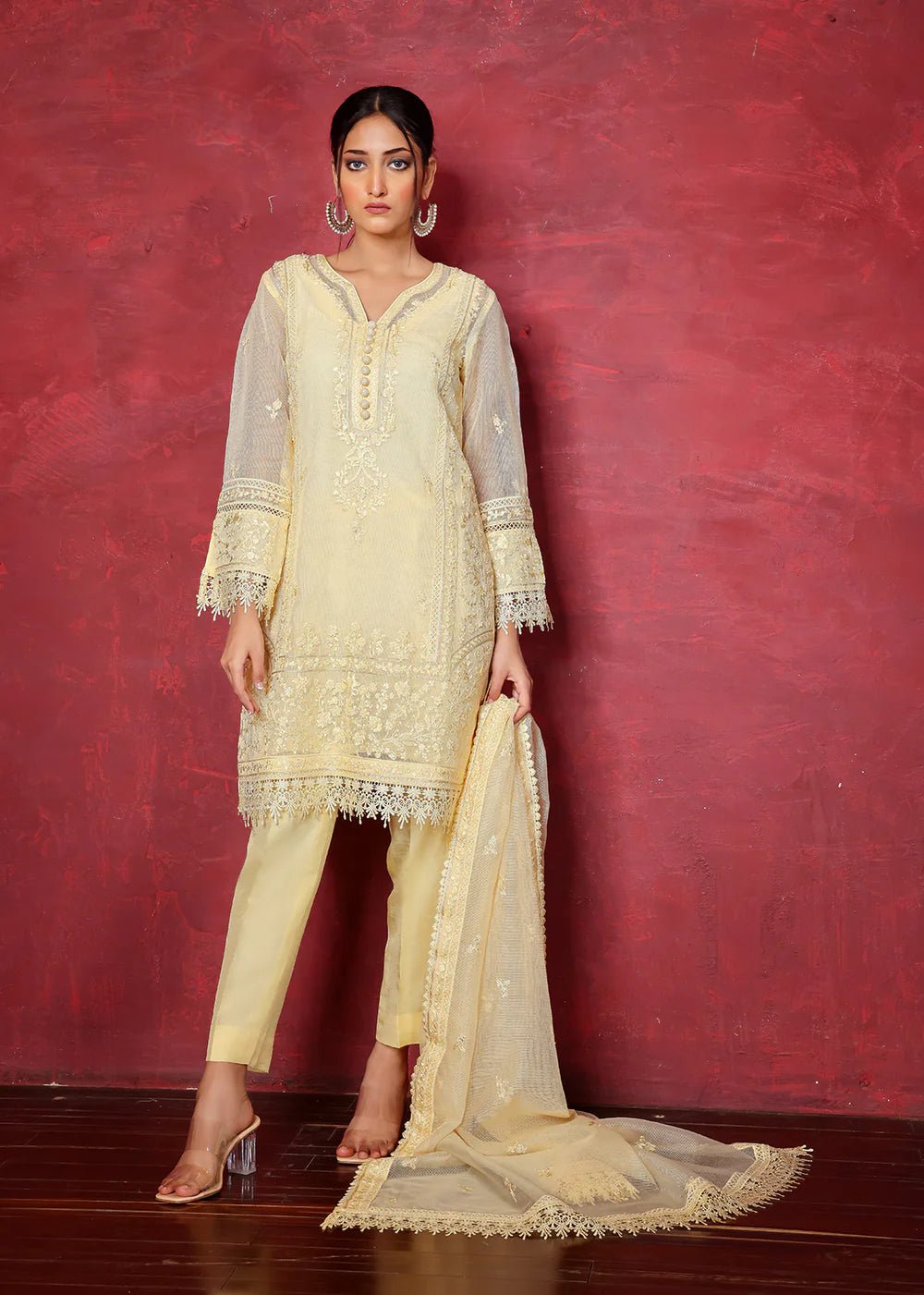 Yellow Chikan Embroidered Organza Net Kurta (2-Piece) - Image 1