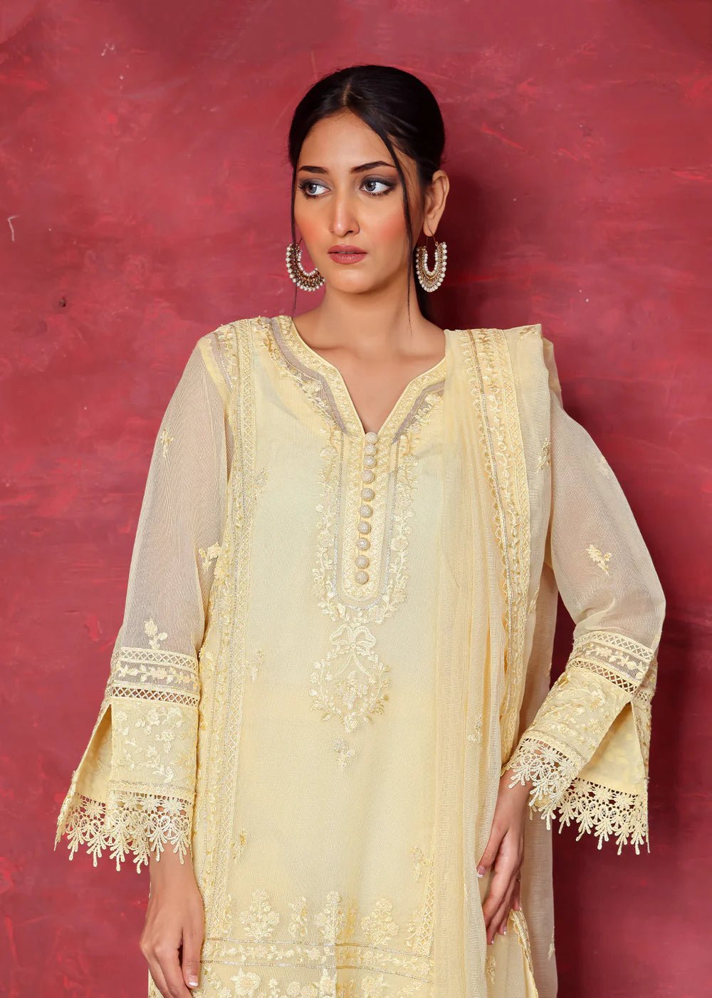Yellow Chikan Embroidered Organza Net Kurta (2-Piece) - Image 2