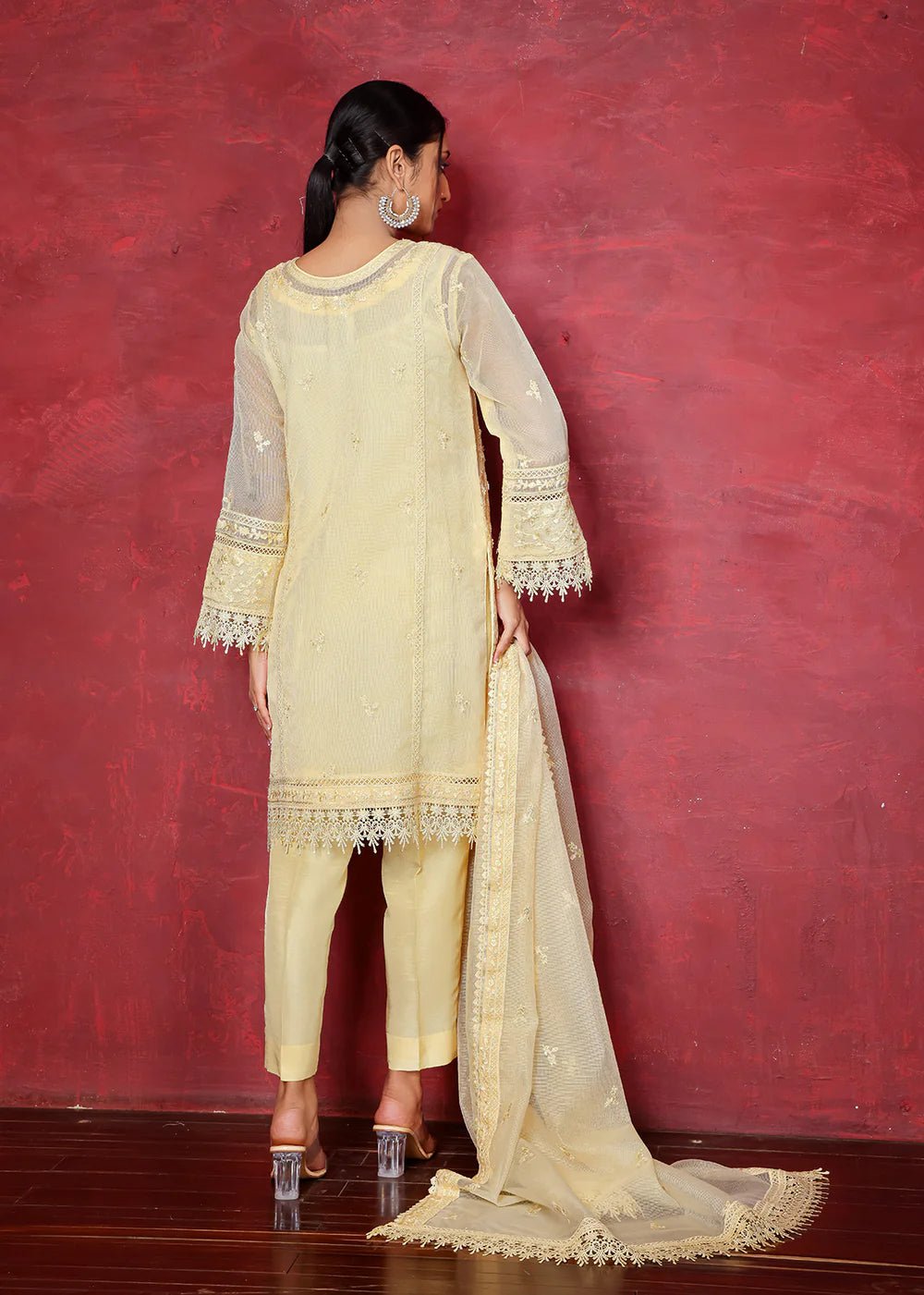 Yellow Chikan Embroidered Organza Net Kurta (2-Piece) - Image 3