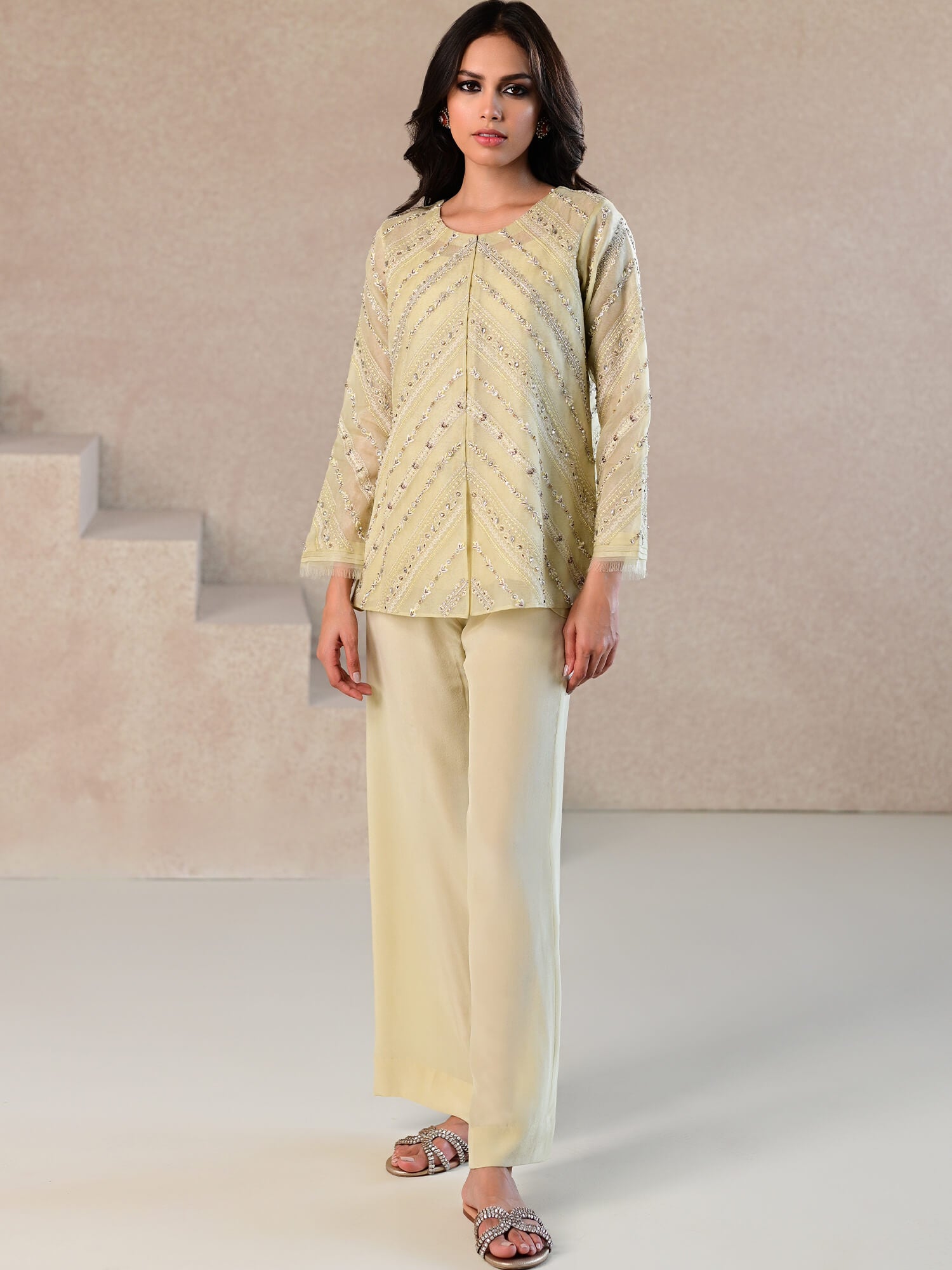 Lemon Embroidered Organza Coat with Crepe Culottes (2-Piece) - Image 1