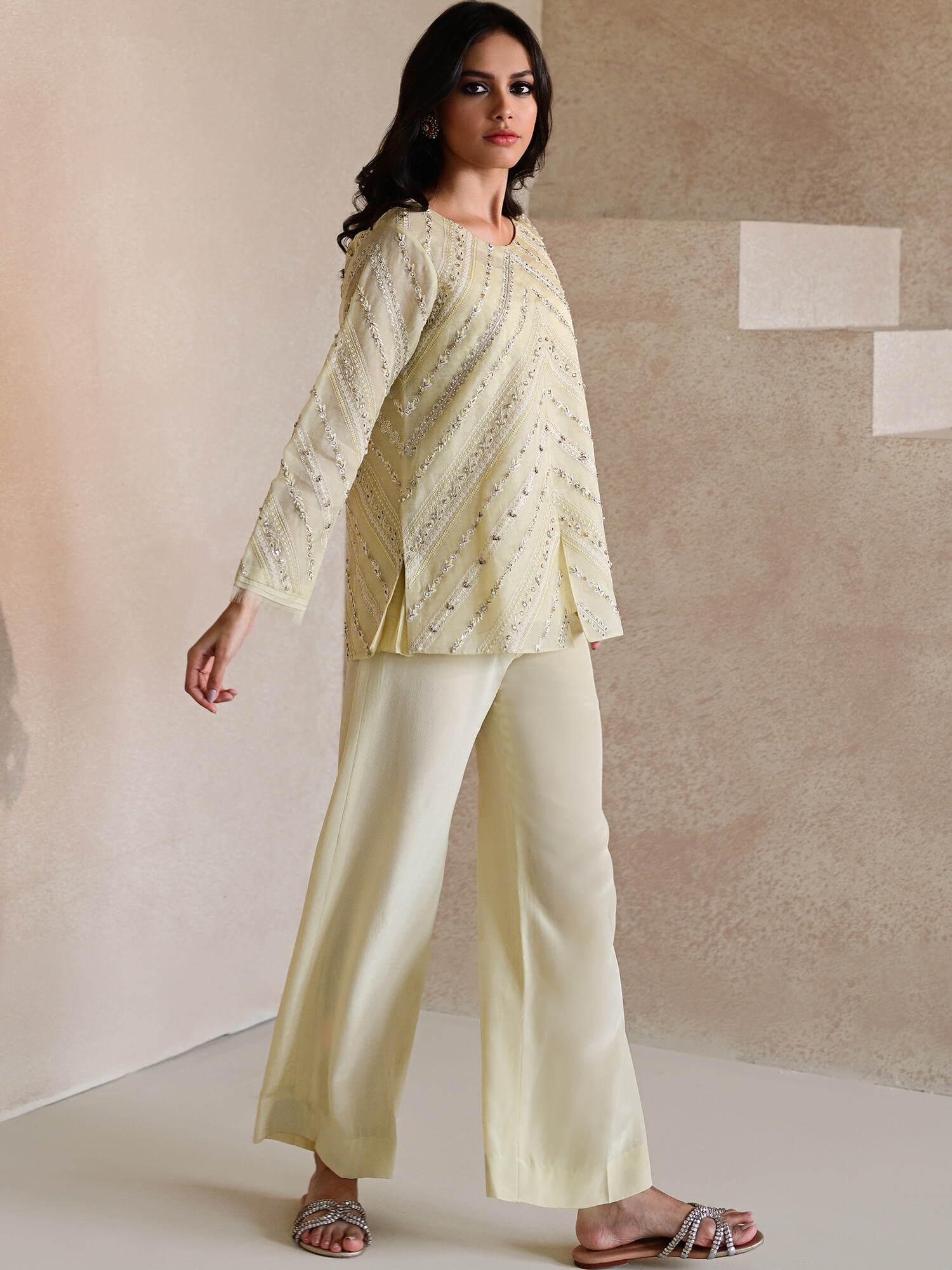 Lemon Embroidered Organza Coat with Crepe Culottes (2-Piece) - Image 3