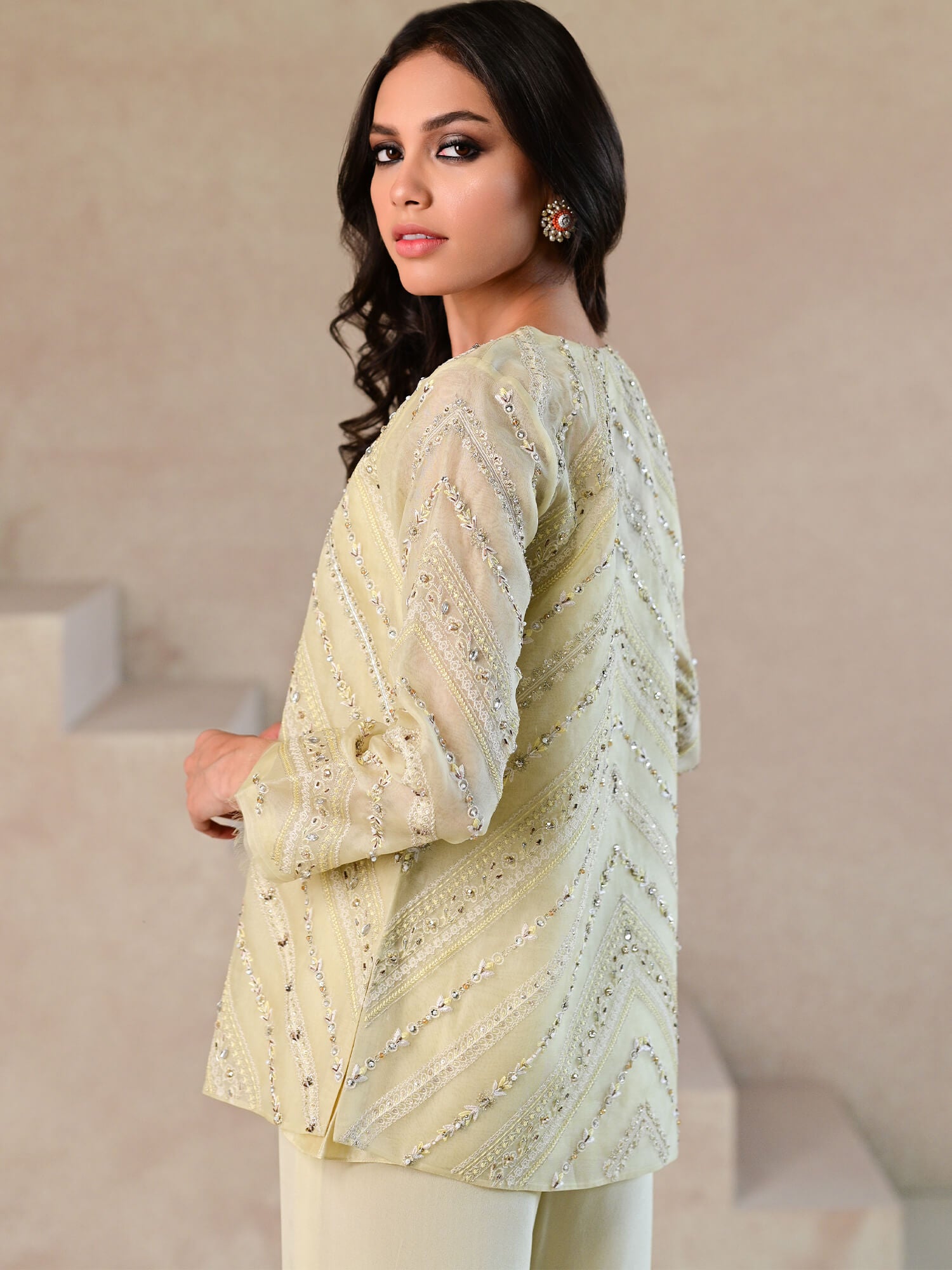 Lemon Embroidered Organza Coat with Crepe Culottes (2-Piece) - Image 4