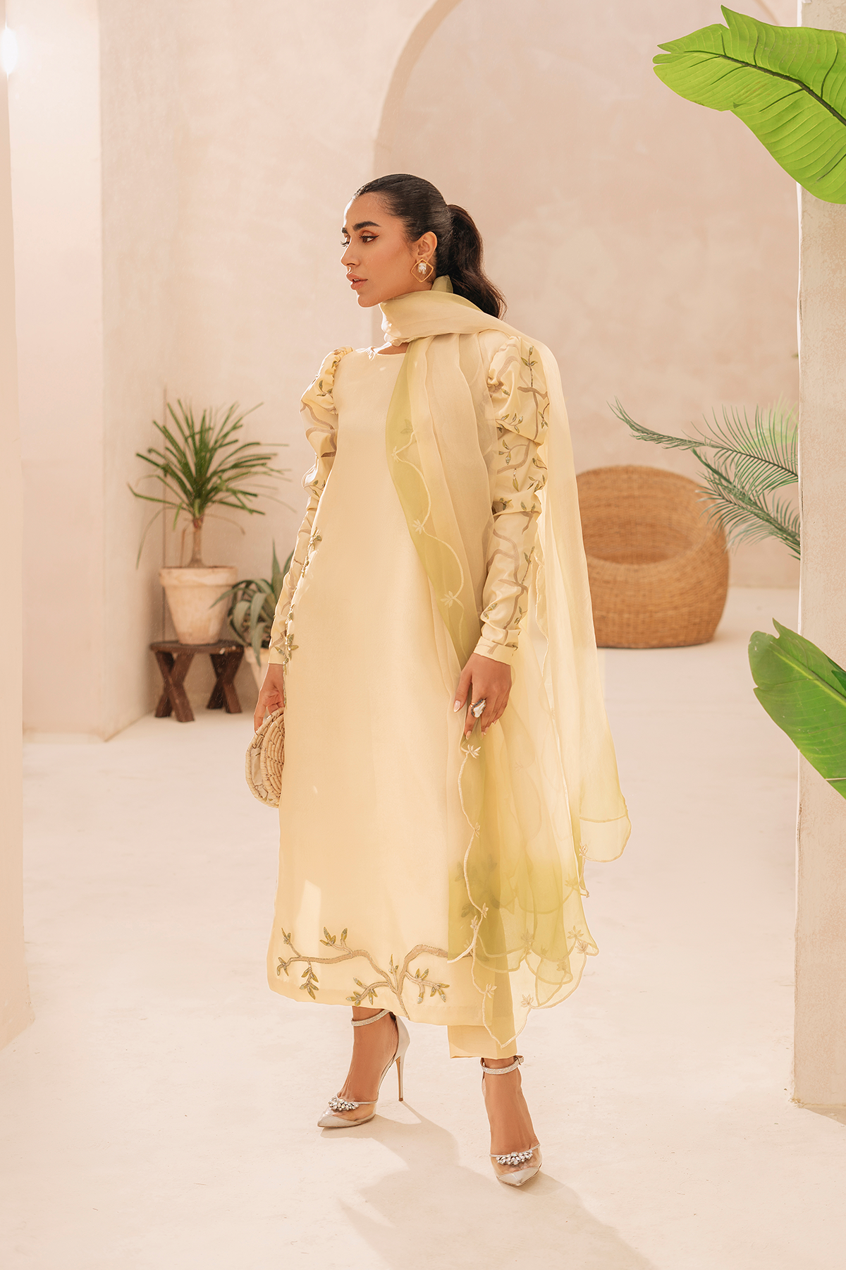 Pakistani Pastel Yellow Embroidered Organza Salwar Kameez (3-Piece) - Image 1