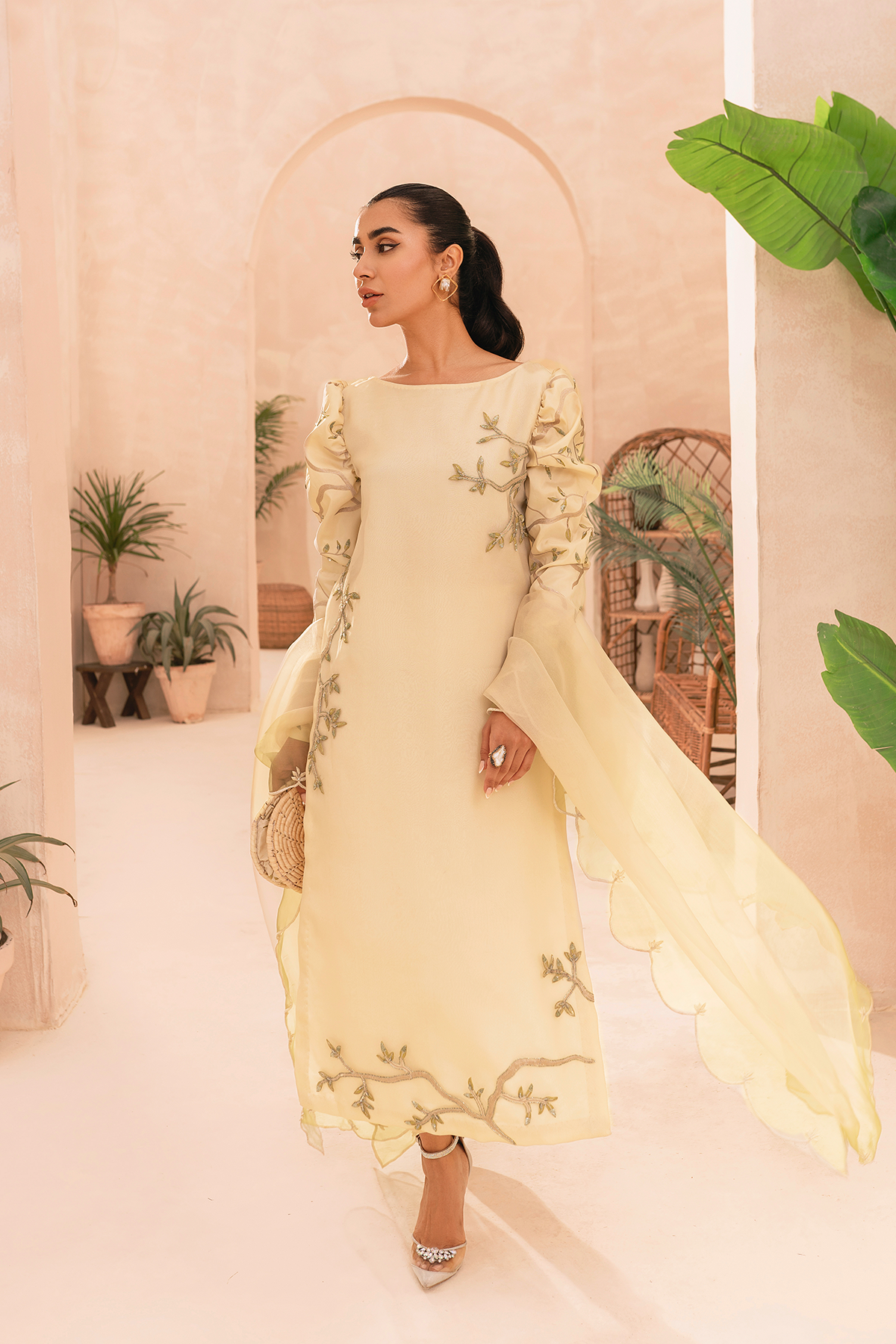 Pakistani Pastel Yellow Embroidered Organza Salwar Kameez (3-Piece) - Image 2