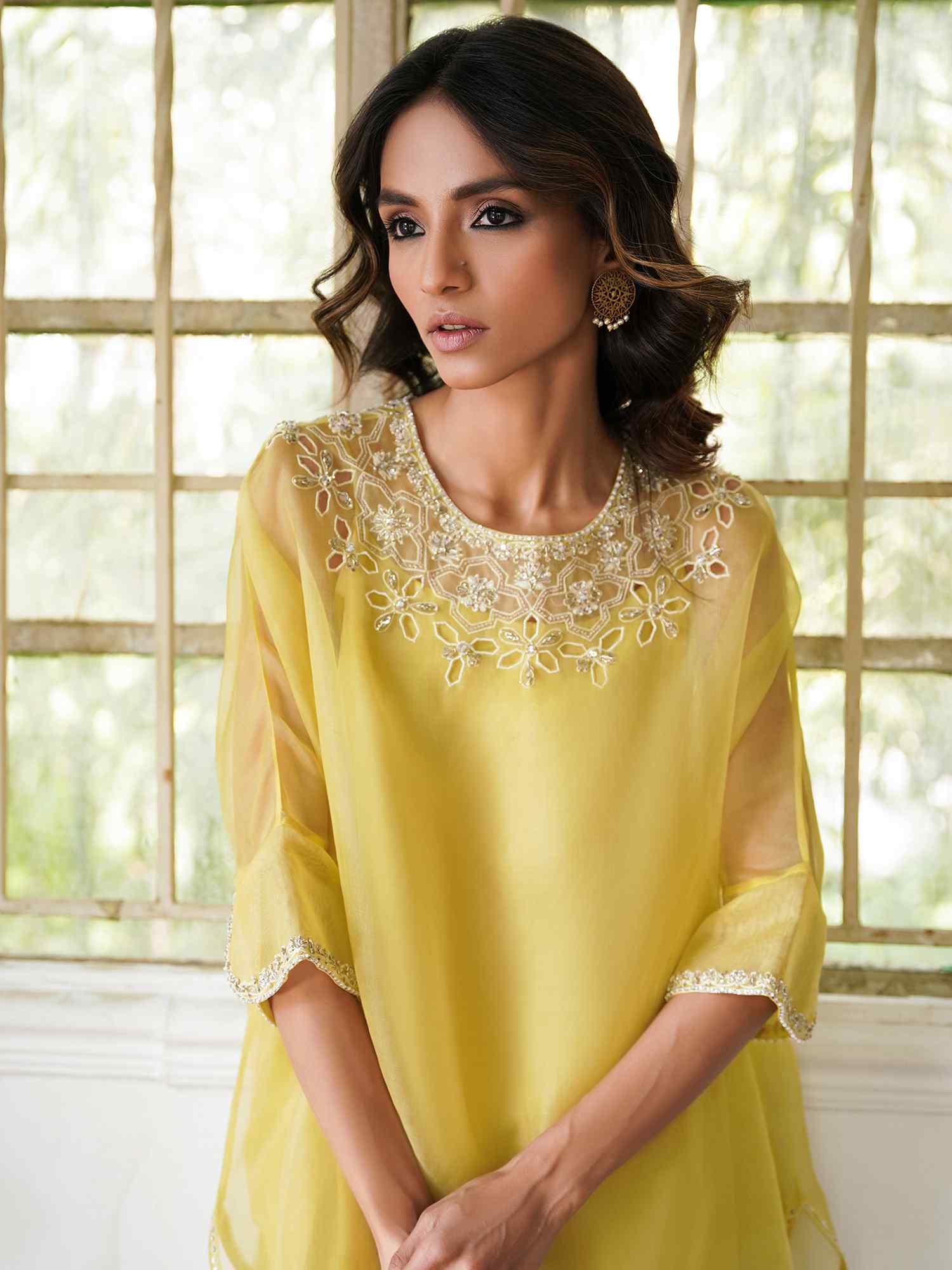 Pakistani Daffodil Yellow Embroidered Organza Salwar Kameez (2-Piece) - Image 2