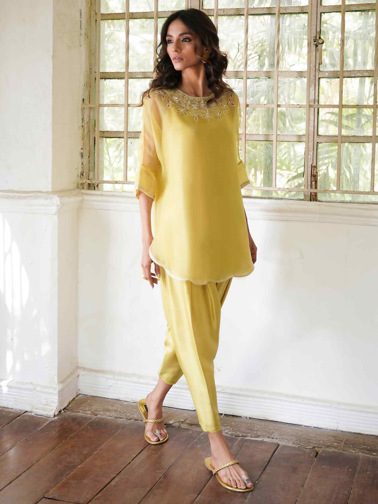 Pakistani Daffodil Yellow Embroidered Organza Salwar Kameez (2-Piece) - Image 3