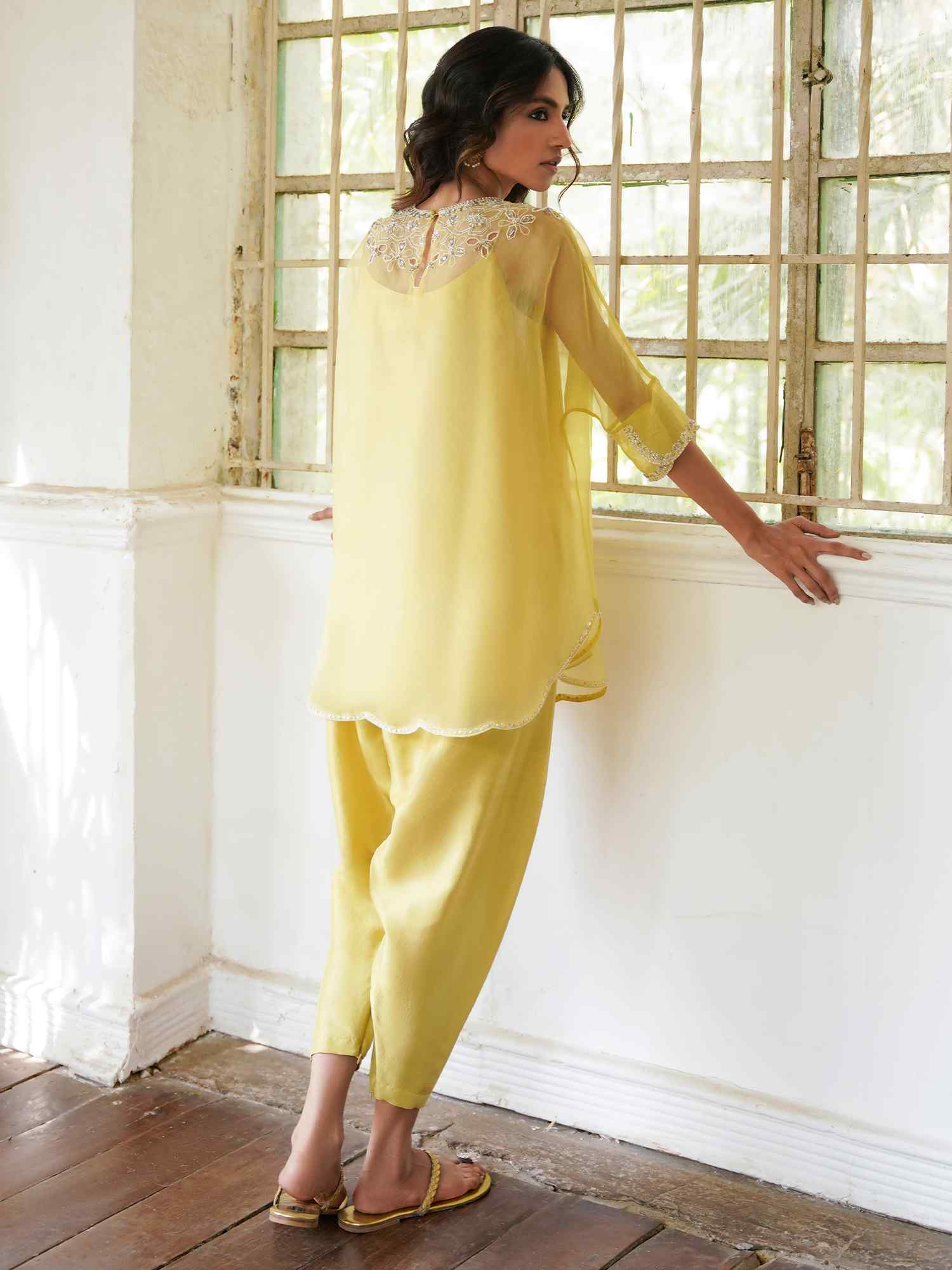 Pakistani Daffodil Yellow Embroidered Organza Salwar Kameez (2-Piece) - Image 4