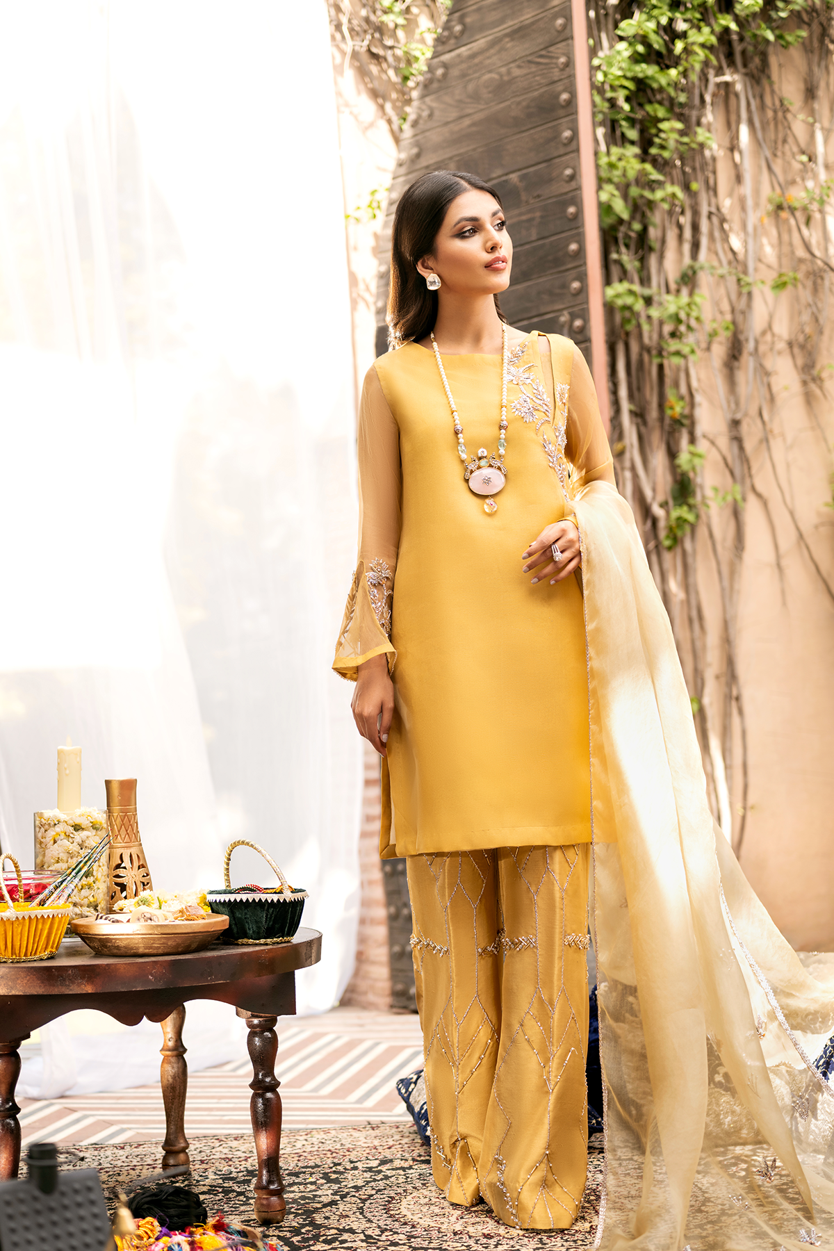 Pakistani Mustard Embroidered Organza Short Shirt (3-Piece) - Image 1