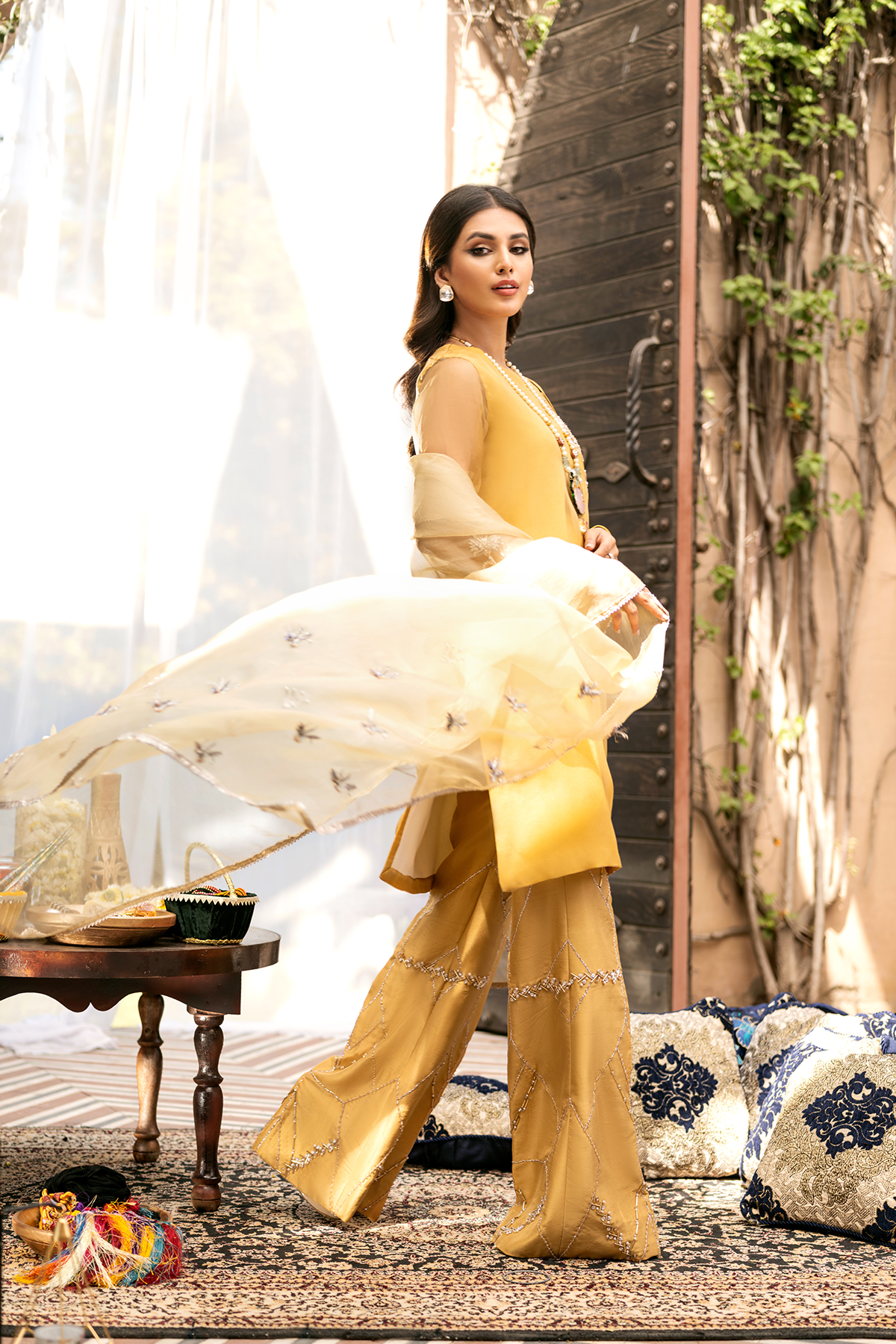 Pakistani Mustard Embroidered Organza Short Shirt (3-Piece) - Image 2