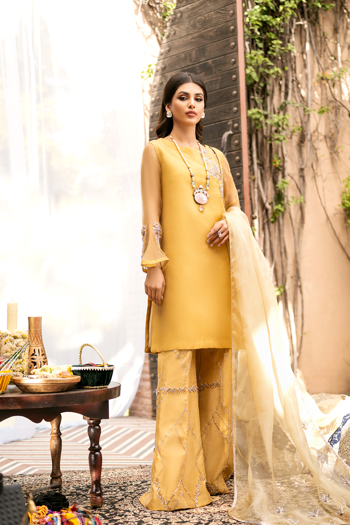 Pakistani Mustard Embroidered Organza Short Shirt (3-Piece) - Image 4