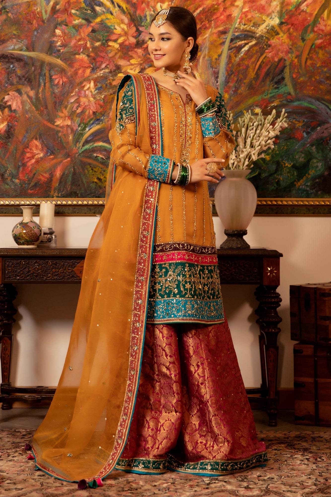 Yellow Applique Embroidered Organza Salwar Kameez (3-Piece) - Image 4