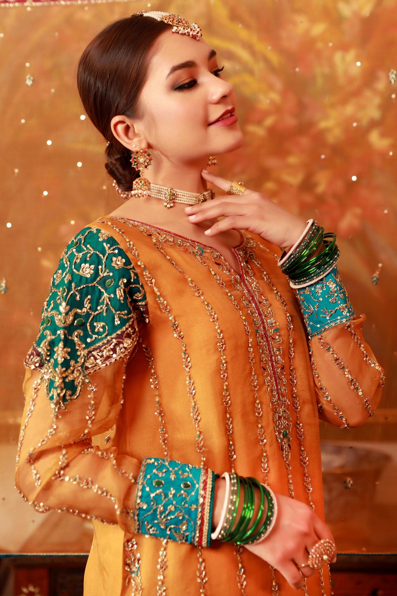 Yellow Applique Embroidered Organza Salwar Kameez (3-Piece) - Image 6