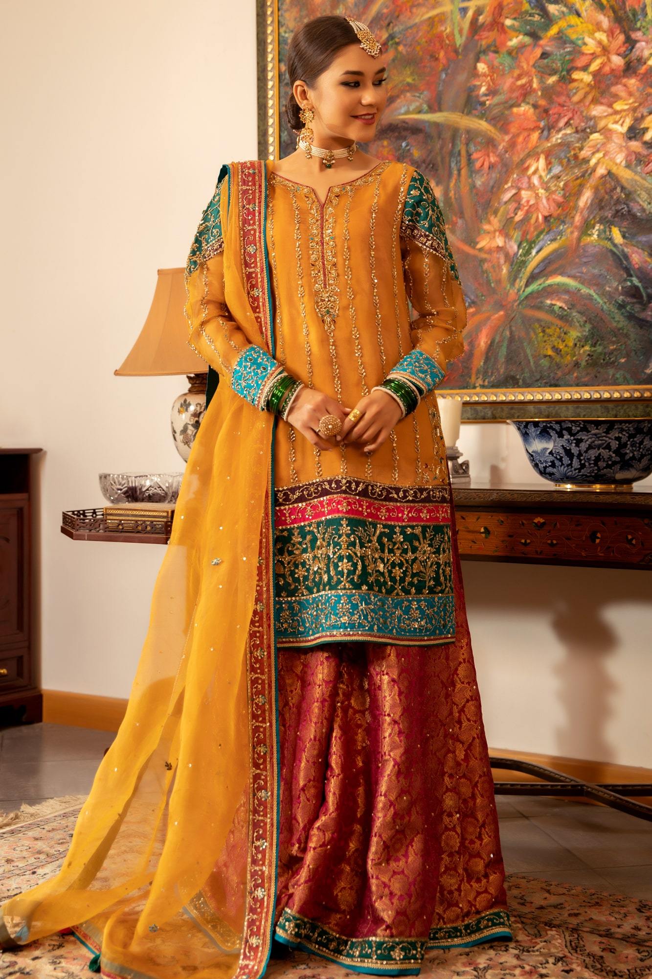 Pakistani Yellow Embroidered Organza Peela Jora (3-Piece) - Image 2