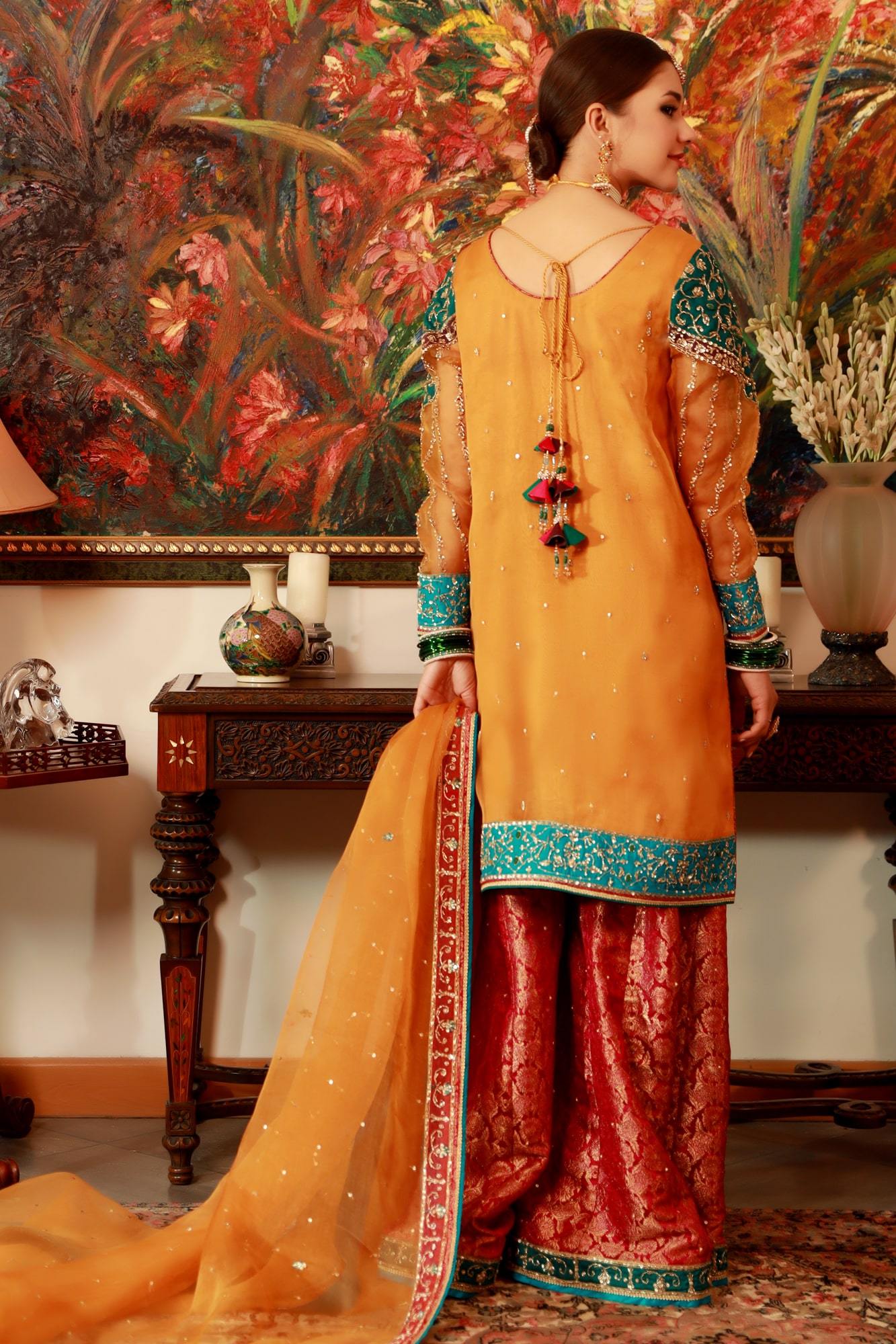 Pakistani Yellow Embroidered Organza Peela Jora (3-Piece) - Image 5