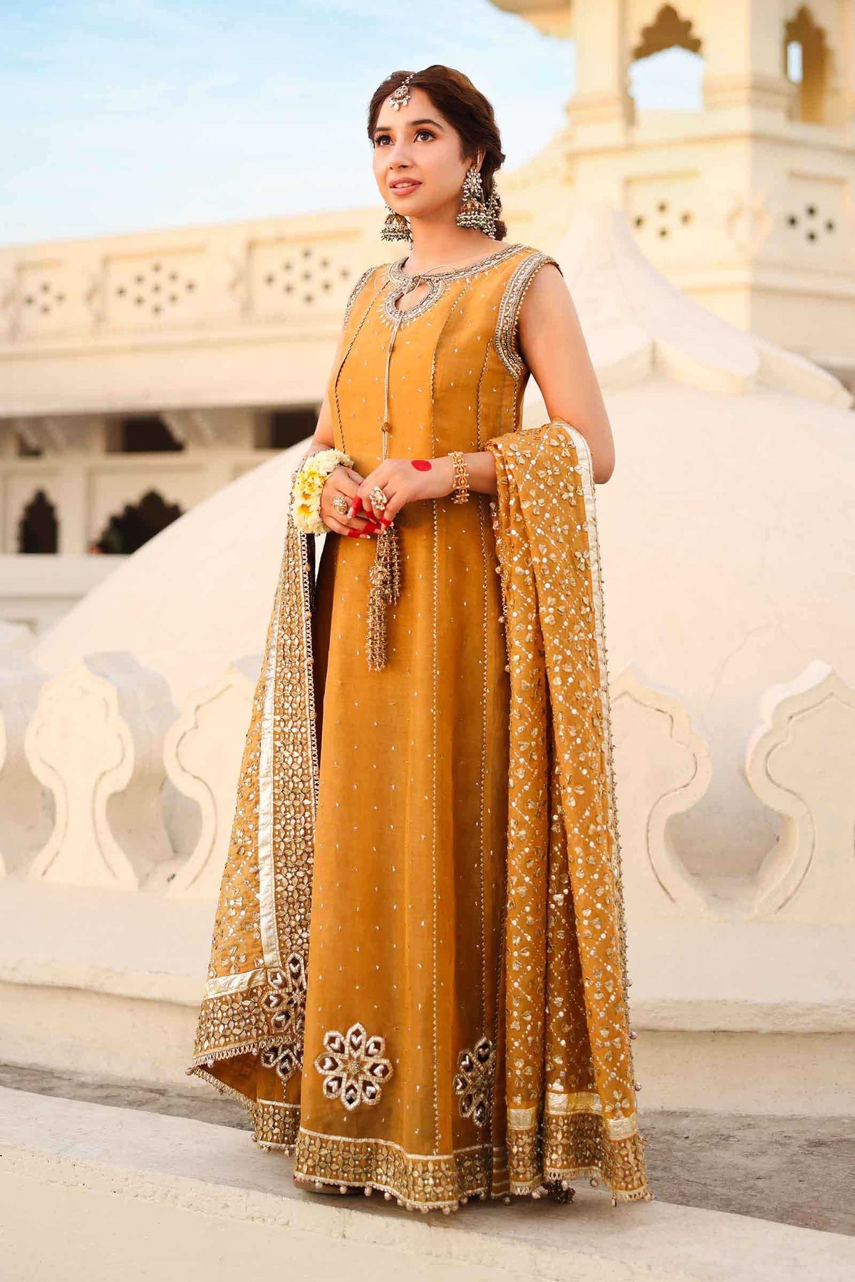 Mustard Gota & Mukaish Organza Churidar Set (3-Piece) - Image 1