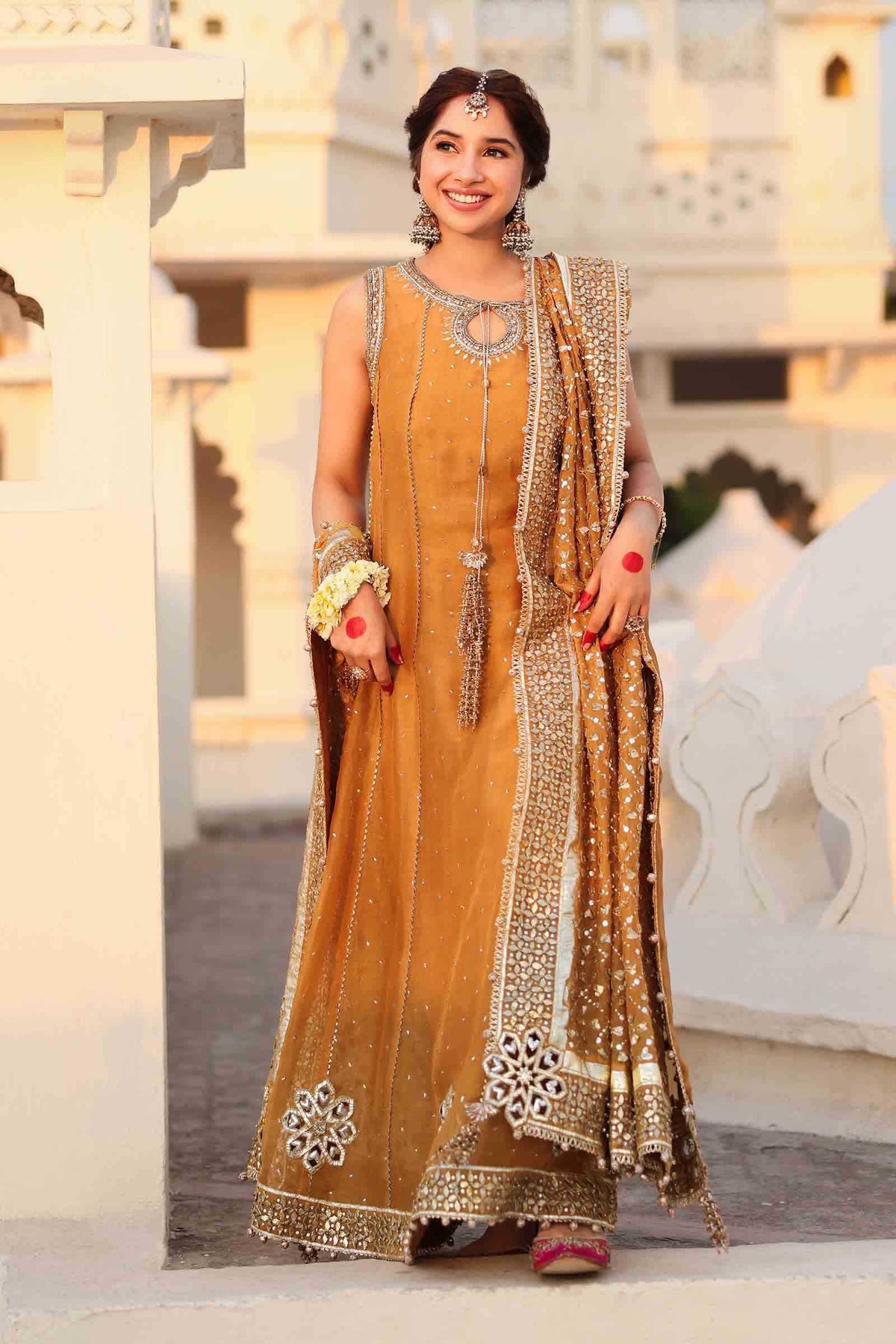 Mustard Gota & Mukaish Organza Churidar Set (3-Piece) - Image 8