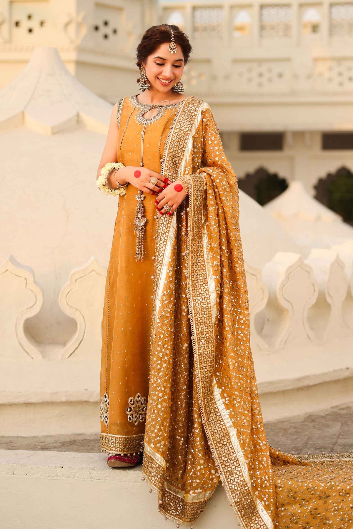 Mustard Gota & Mukaish Organza Churidar Set (3-Piece) - Image 9