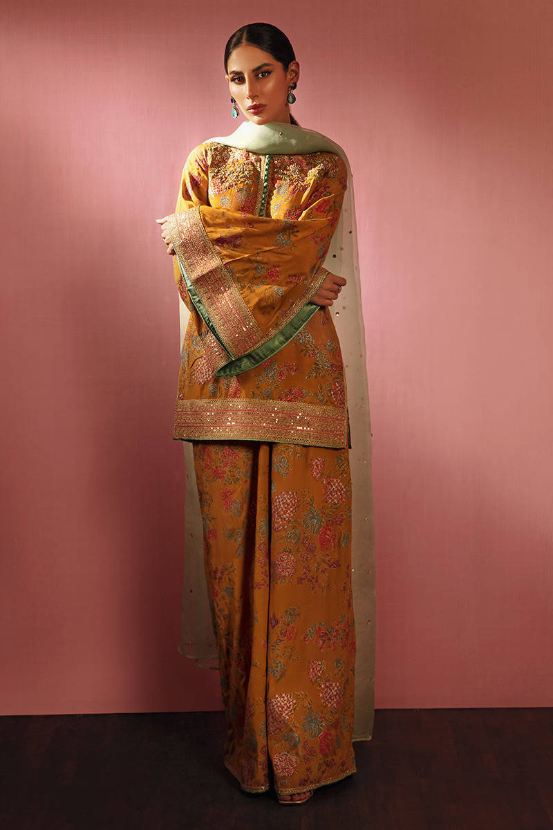 Pakistani Mustard Hand-Embellished Short Shirt with Palazzo (3-Piece) - Image 1