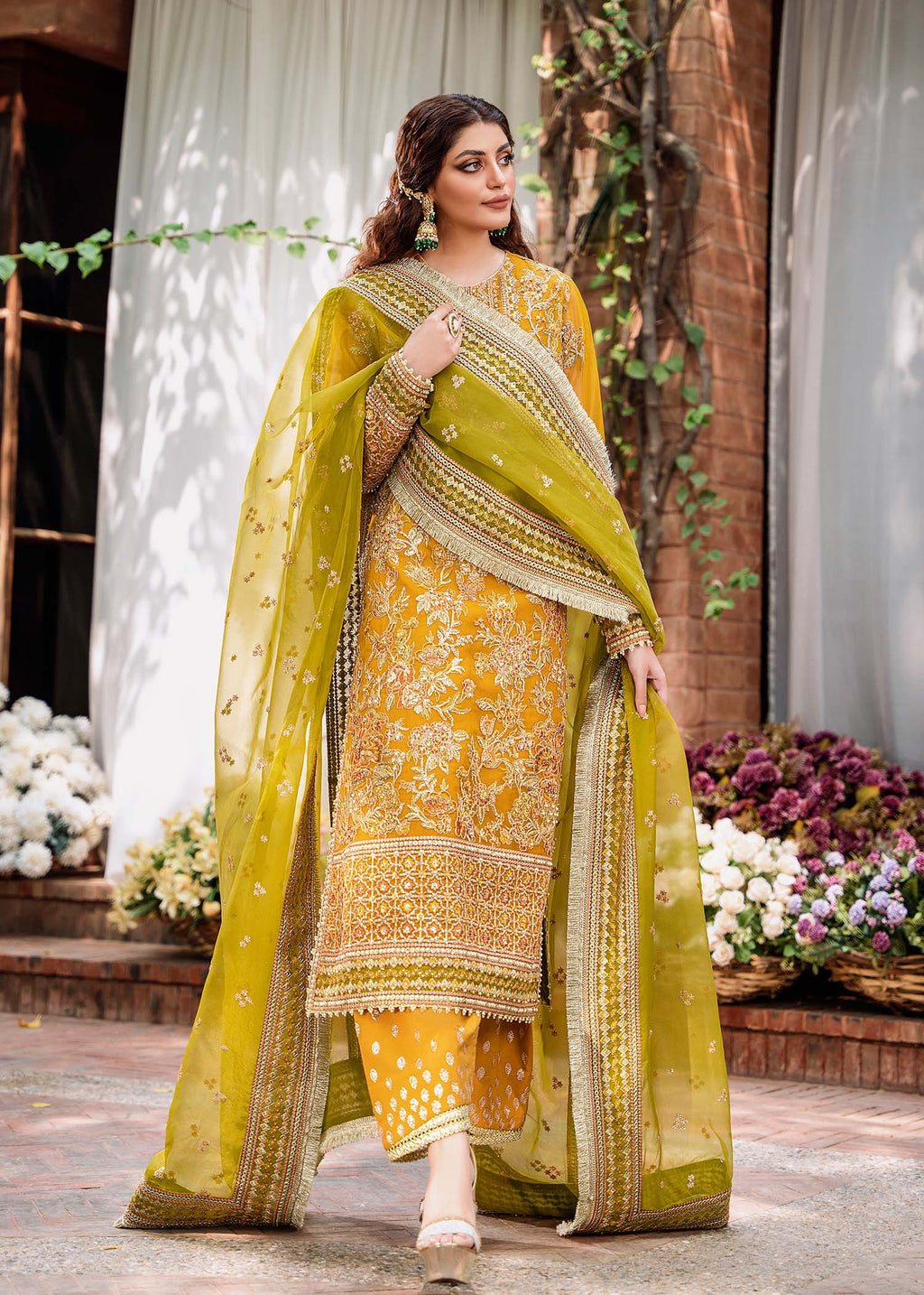 Mustard Hand-Embellished Organza Salwar Kameez (3-Piece) - Image 1