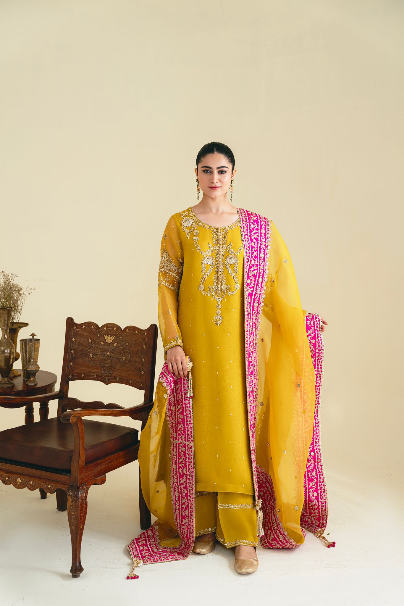 Mustard Yellow Hand-Embellished Organza Salwar Kameez (3-Piece) - Image 1