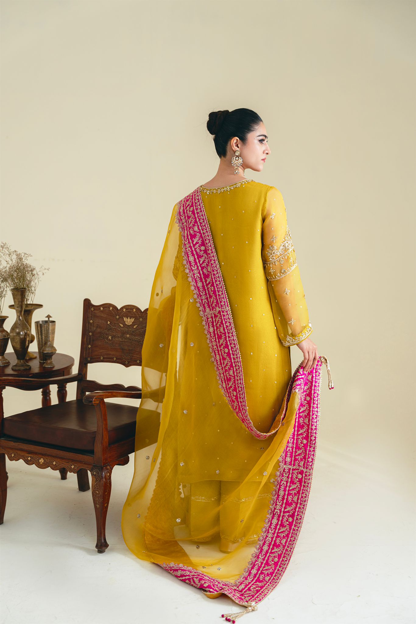 Mustard Yellow Hand-Embellished Organza Salwar Kameez (3-Piece) - Image 4