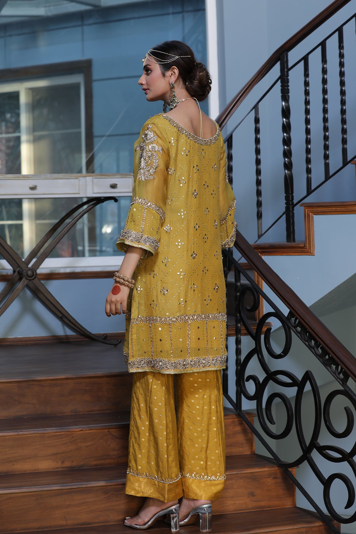 Pakistani Mustard Mukesh Embroidered Organza Salwar Kameez (3-Piece) - Image 2