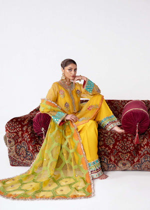 Pakistani Yellow Naqshi & Gotta Embroidered Organza Salwar Kameez (3-Piece) - Image 8