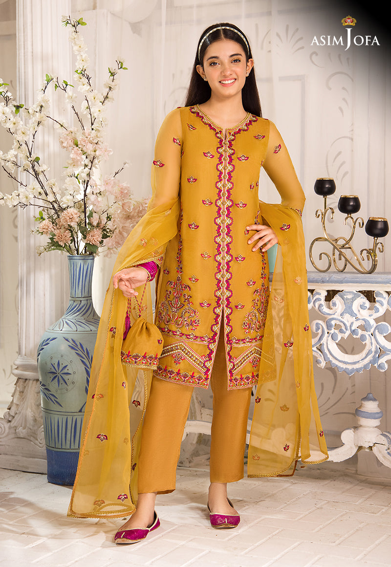 Mustard Embroidered Organza Cotton Silk Salwar Kameez (3-Piece) - Image 1