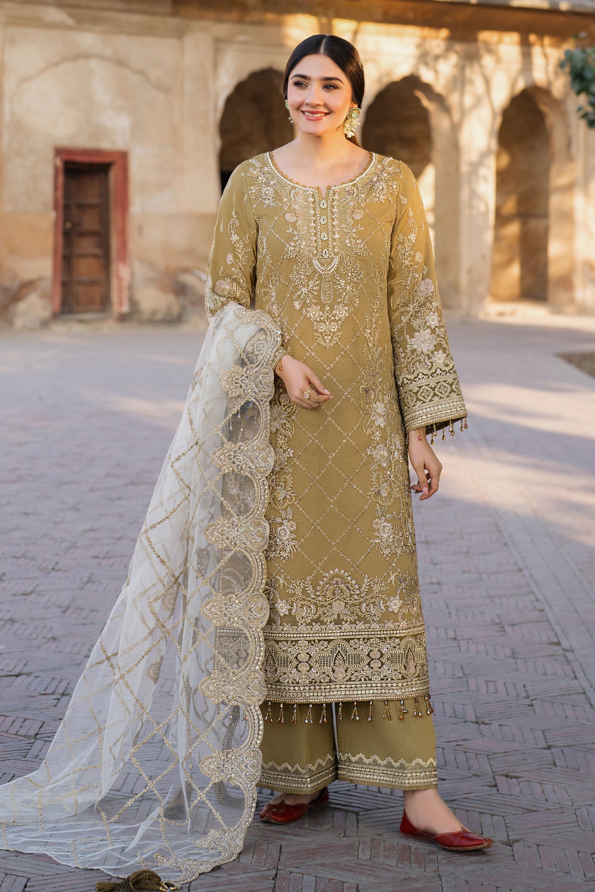 Pakistani Mustard Embroidered Organza & Raw Silk Salwar Kameez (3-Piece) - Image 1