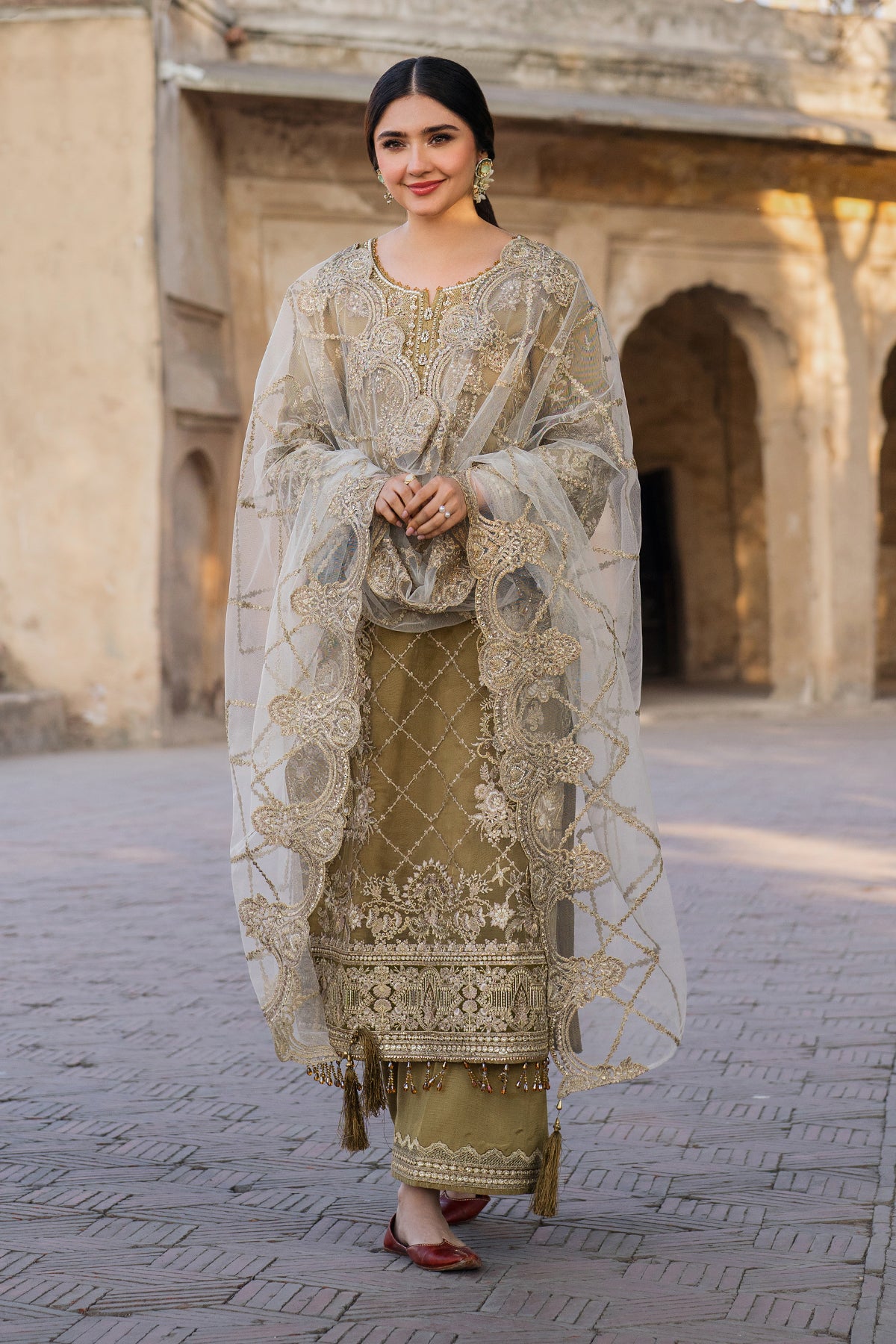 Pakistani Mustard Embroidered Organza & Raw Silk Salwar Kameez (3-Piece) - Image 2
