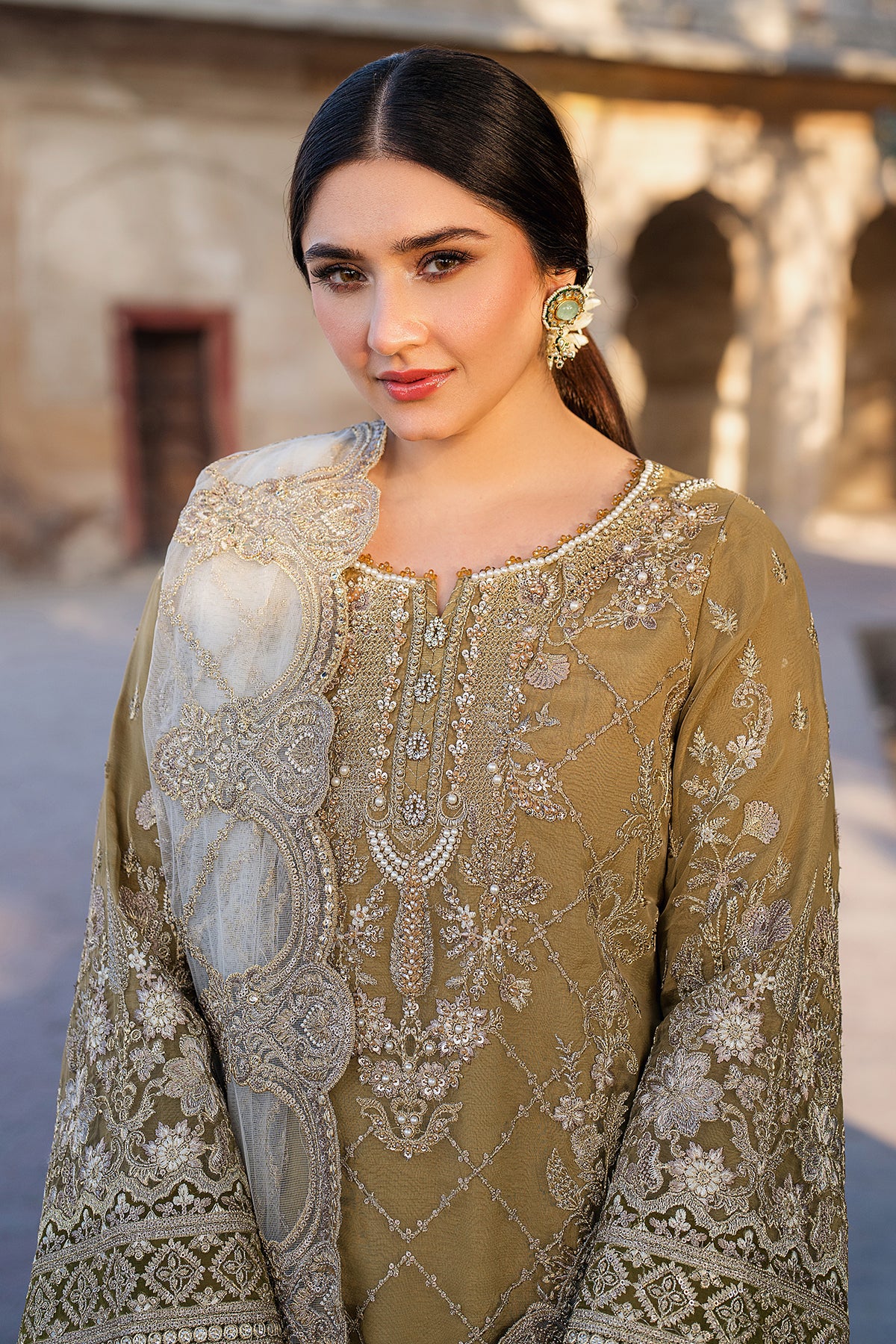 Pakistani Mustard Embroidered Organza & Raw Silk Salwar Kameez (3-Piece) - Image 3