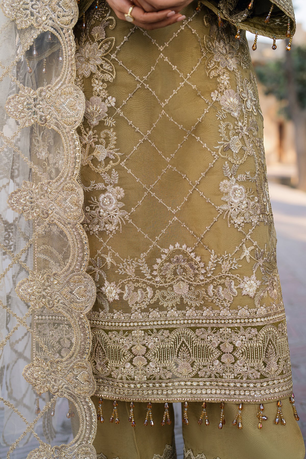 Pakistani Mustard Embroidered Organza & Raw Silk Salwar Kameez (3-Piece) - Image 4