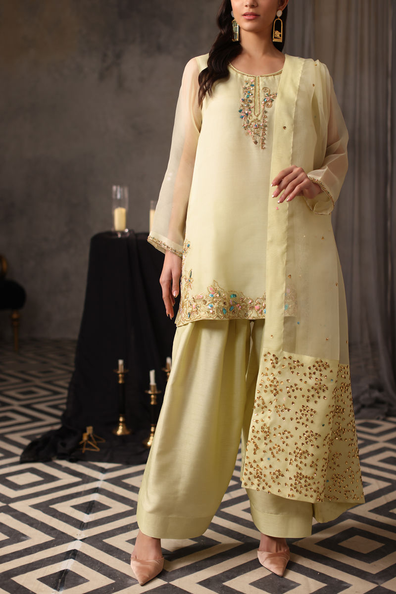 Lemon Yellow Embroidered Organza Salwar Kameez (3-Piece) - Image 1