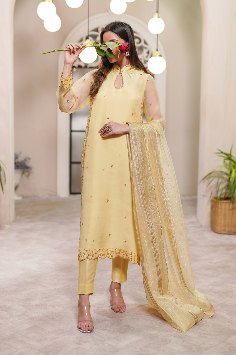 Pakistani Yellow Sitara Embroidered Organza Salwar Kameez (3-Piece) - Image 1
