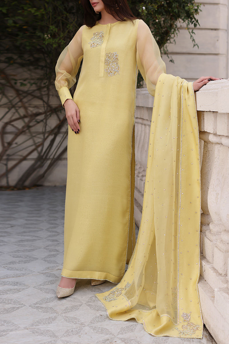 Yellow Swarovski Embellished Organza Salwar Kameez (3-Piece) - Image 1