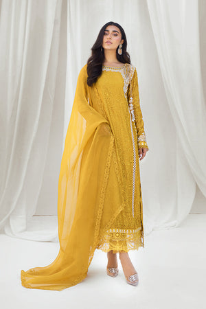 Pakistani Mustard Embroidered Organza Salwar Kameez (3-Piece) - Image 1