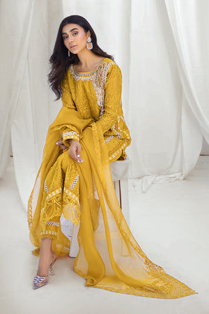 Pakistani Mustard Embroidered Organza Salwar Kameez (3-Piece) - Image 5