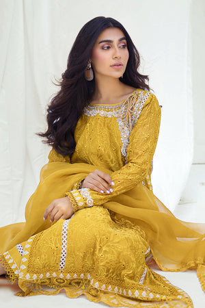 Pakistani Mustard Embroidered Organza Salwar Kameez (3-Piece) - Image 6