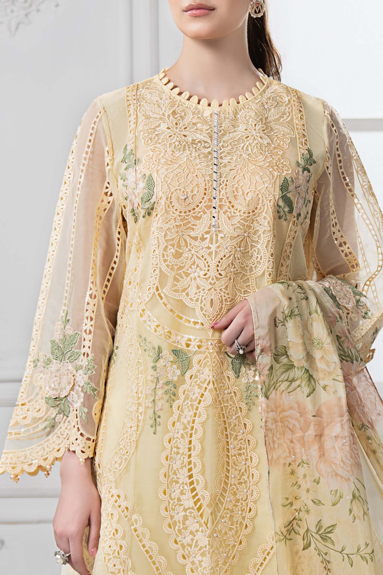 Pakistani Yellow Embroidered Organza Straight-Cut Suit (3-Piece) - Image 2