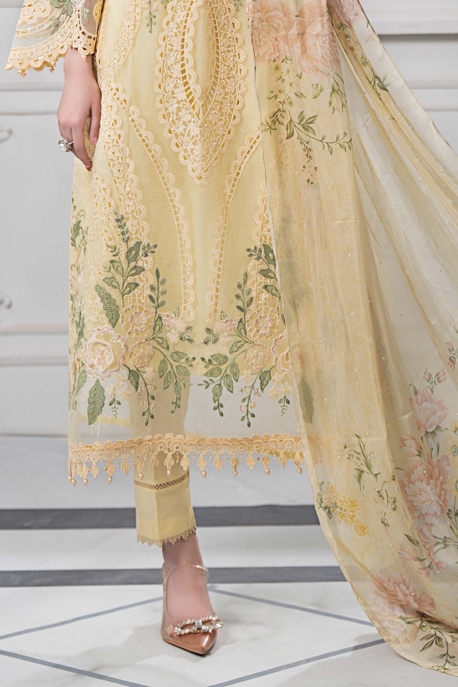 Pakistani Yellow Embroidered Organza Straight-Cut Suit (3-Piece) - Image 3